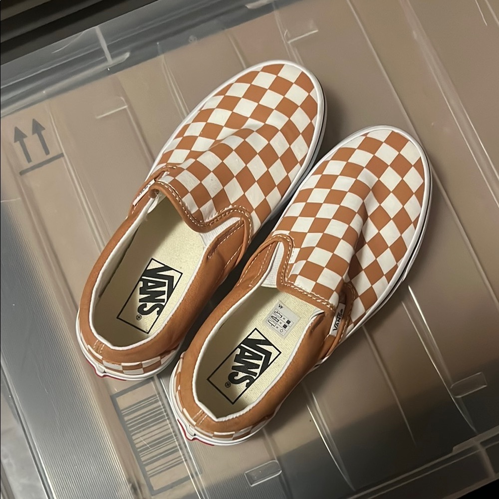 Vans Brown and White Checkered Slip-On Sneakers